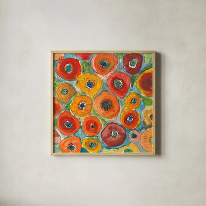 Sun Poppies II by Cheryl Warrick. Shown in a natural wood glass frame for a timeless modern aesthetic. Available as an archival giclee rolled canvas, fine art paper, or poster print. SKU 42819a.