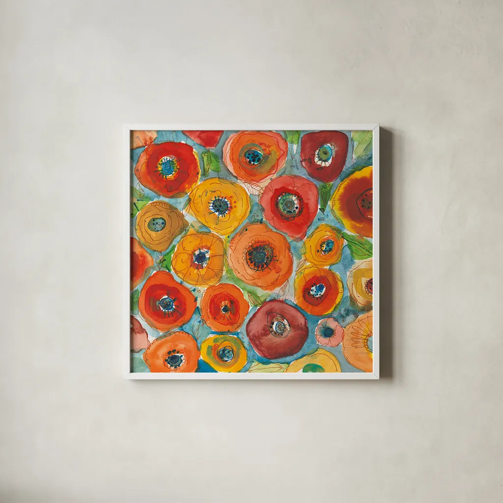 Sun Poppies II by Cheryl Warrick. Shown in a crisp white glass frame for a clean and minimalist style. Available as an archival giclee rolled canvas, fine art paper, or poster print. SKU 42819a.