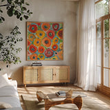 Sun Poppies II by Cheryl Warrick. Shown in a natural wood frame in a cozy modern living room. Available as an archival giclee rolled canvas, fine art paper, or poster print. SKU 42819a.