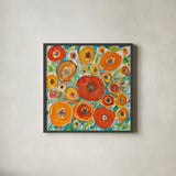 Sun Poppies III by Cheryl Warrick. Shown in a sleek black glass frame for a contemporary gallery look. Available as an archival giclee rolled canvas, fine art paper, or poster print. SKU 42755a.