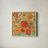 Sun Poppies III by Cheryl Warrick. Shown in a natural wood glass frame for a timeless modern aesthetic. Available as an archival giclee rolled canvas, fine art paper, or poster print. SKU 42755a.