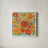 Sun Poppies III by Cheryl Warrick. Shown in a crisp white glass frame for a clean and minimalist style. Available as an archival giclee rolled canvas, fine art paper, or poster print. SKU 42755a.