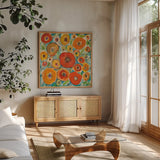 Sun Poppies III by Cheryl Warrick. Shown in a natural wood frame in a cozy modern living room. Available as an archival giclee rolled canvas, fine art paper, or poster print. SKU 42755a.