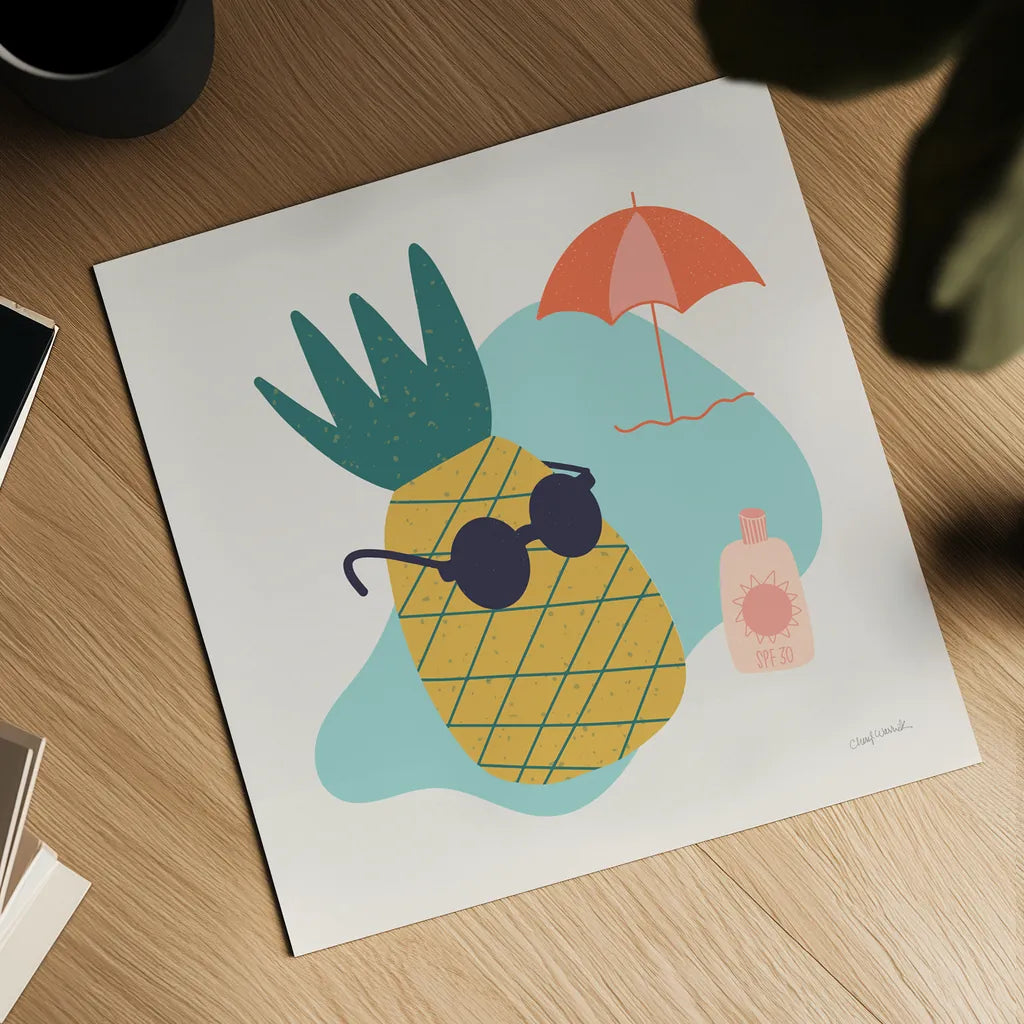 Sunny Pineapple I by Cheryl Warrick. Shown as a detailed flat fine art print, highlighting archival giclee quality. Available as an archival giclee rolled canvas, fine art paper, or poster print. SKU 82705a.