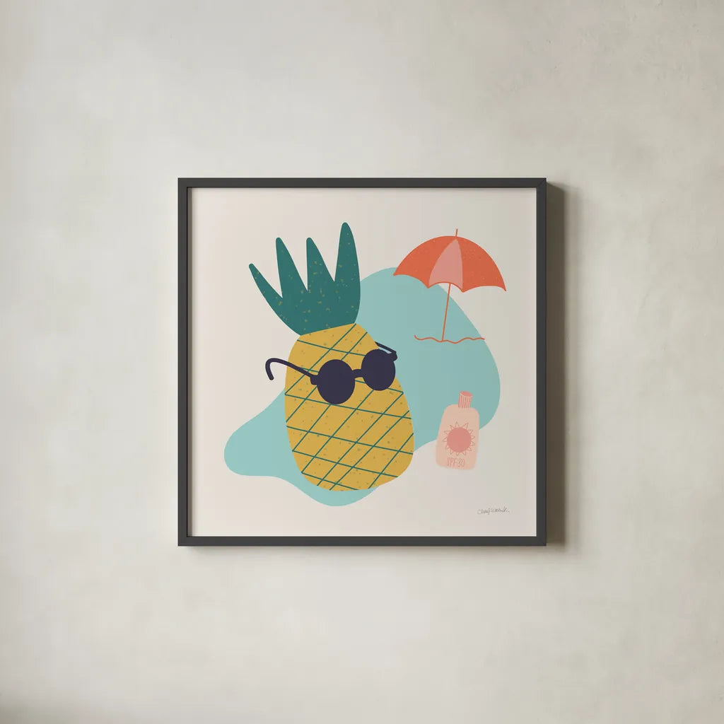 Sunny Pineapple I by Cheryl Warrick. Shown in a sleek black glass frame for a contemporary gallery look. Available as an archival giclee rolled canvas, fine art paper, or poster print. SKU 82705a.