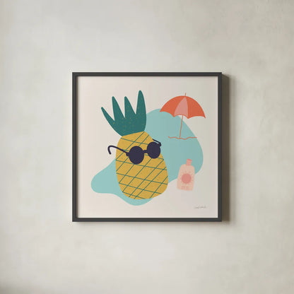 Sunny Pineapple I by Cheryl Warrick. Shown in a sleek black glass frame for a contemporary gallery look. Available as an archival giclee rolled canvas, fine art paper, or poster print. SKU 82705a.
