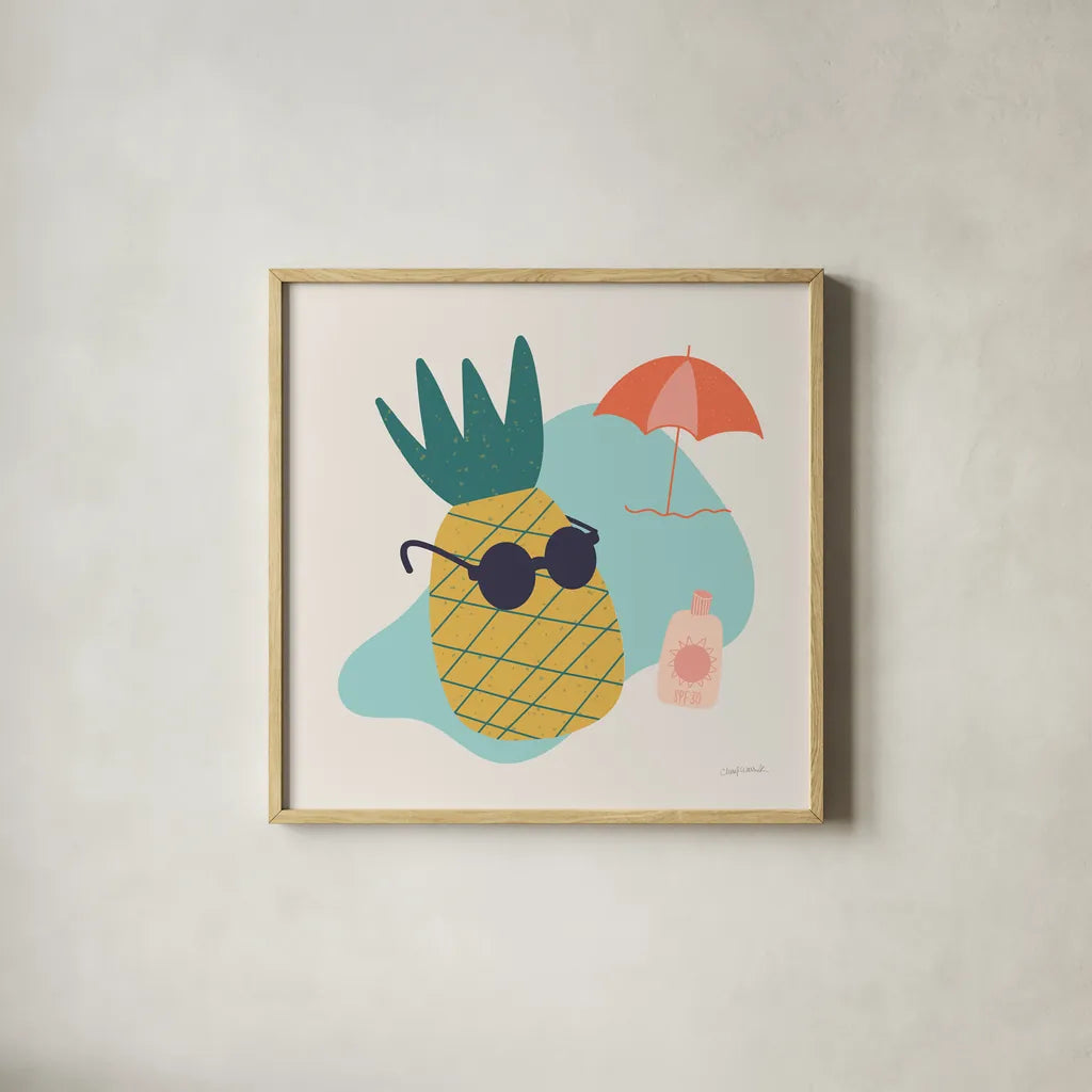 Sunny Pineapple I by Cheryl Warrick. Shown in a natural wood glass frame for a timeless modern aesthetic. Available as an archival giclee rolled canvas, fine art paper, or poster print. SKU 82705a.