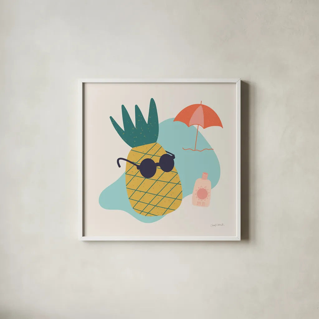 Sunny Pineapple I by Cheryl Warrick. Shown in a crisp white glass frame for a clean and minimalist style. Available as an archival giclee rolled canvas, fine art paper, or poster print. SKU 82705a.