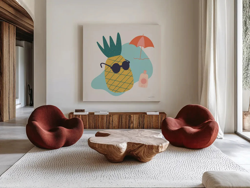 Sunny Pineapple I by Cheryl Warrick. Shown as extra-large giant wall art in a modern living room. Available as an archival giclee rolled canvas, fine art paper, or poster print. SKU 82705a.