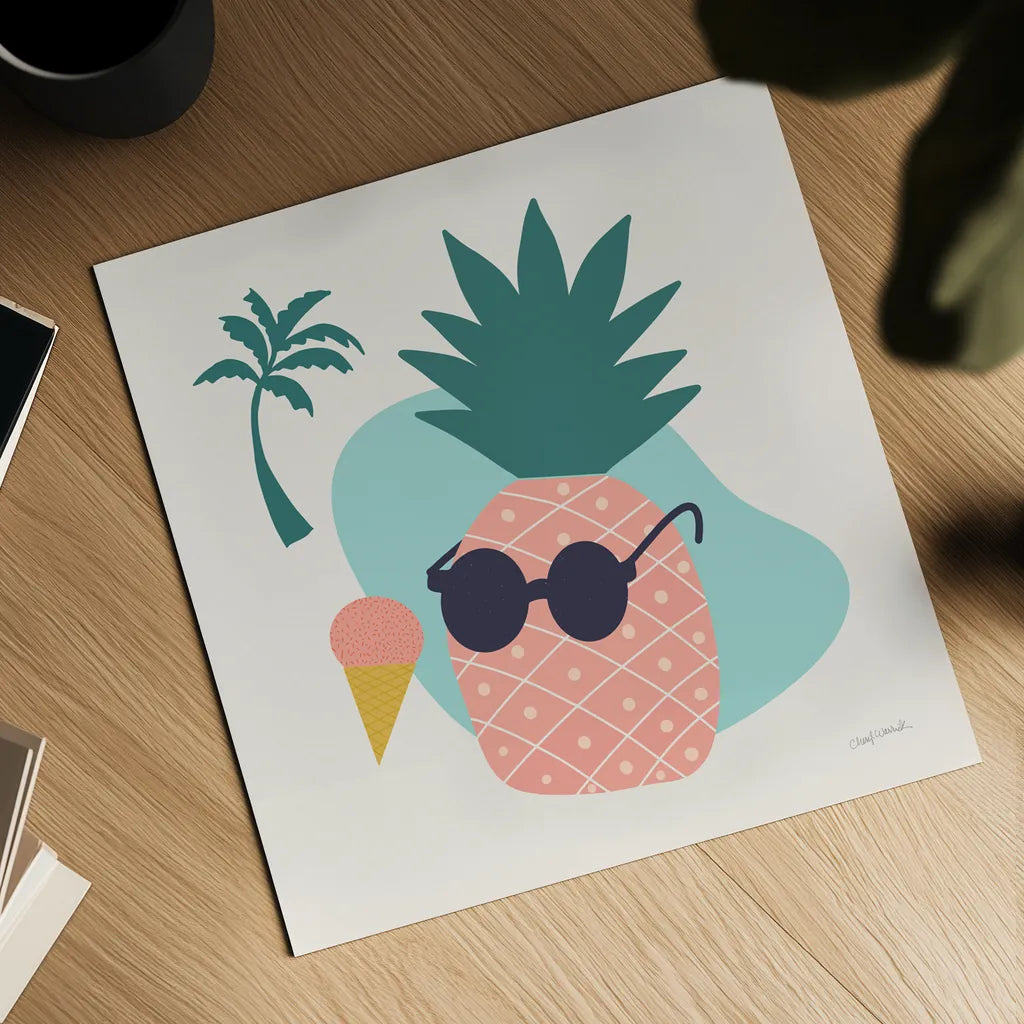 Sunny Pineapple II by Cheryl Warrick. Shown as a detailed flat fine art print, highlighting archival giclee quality. Available as an archival giclee rolled canvas, fine art paper, or poster print. SKU 82706a.