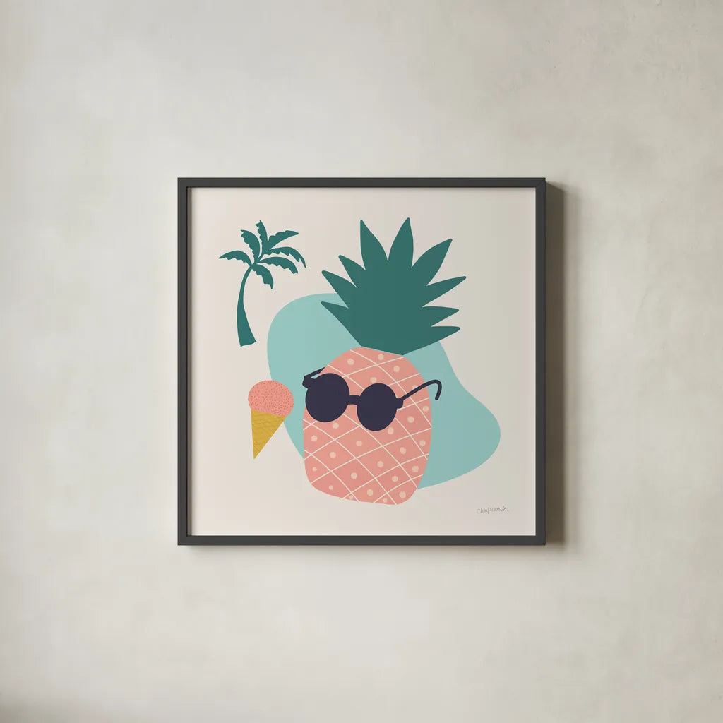 Sunny Pineapple II by Cheryl Warrick. Shown in a sleek black glass frame for a contemporary gallery look. Available as an archival giclee rolled canvas, fine art paper, or poster print. SKU 82706a.