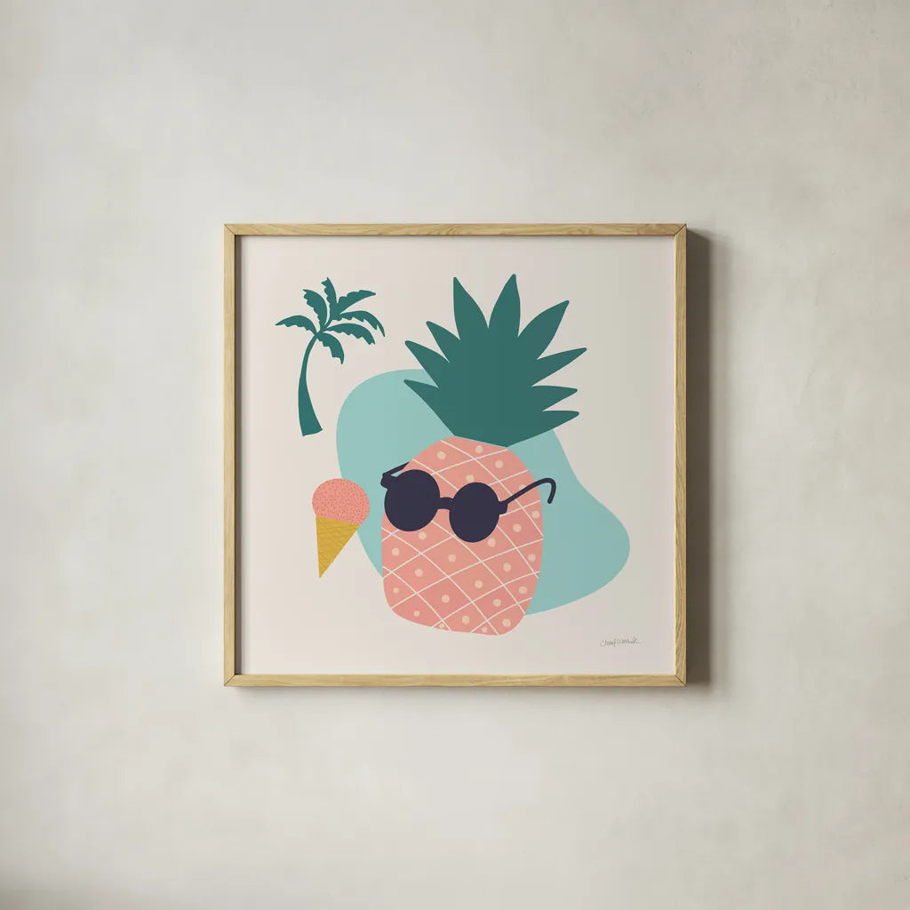 Sunny Pineapple II by Cheryl Warrick. Shown in a natural wood glass frame for a timeless modern aesthetic. Available as an archival giclee rolled canvas, fine art paper, or poster print. SKU 82706a.