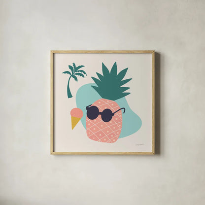 Sunny Pineapple II by Cheryl Warrick. Shown in a natural wood glass frame for a timeless modern aesthetic. Available as an archival giclee rolled canvas, fine art paper, or poster print. SKU 82706a.