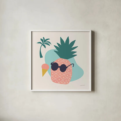 Sunny Pineapple II by Cheryl Warrick. Shown in a crisp white glass frame for a clean and minimalist style. Available as an archival giclee rolled canvas, fine art paper, or poster print. SKU 82706a.