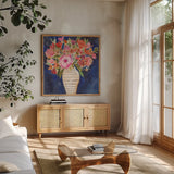 Surprise Florals I by Cheryl Warrick. Shown in a natural wood frame in a cozy modern living room. Available as an archival giclee rolled canvas, fine art paper, or poster print. SKU 103275a.