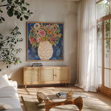 Surprise Florals II by Cheryl Warrick. Shown in a natural wood frame in a cozy modern living room. Available as an archival giclee rolled canvas, fine art paper, or poster print. SKU 103276a.