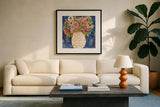Surprise Florals II by Cheryl Warrick. Displayed in a glass frame with matte in a clean modern living room. Available as an archival giclee rolled canvas, fine art paper, or poster print. SKU 103276a.