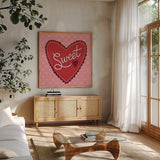 Sweet Valentine by Cheryl Warrick. Shown in a natural wood frame in a cozy modern living room. Available as an archival giclee rolled canvas, fine art paper, or poster print. SKU 104040a.