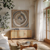 The Center I Abstract Crop Dark by Cheryl Warrick. Shown in a natural wood frame in a cozy modern living room. Available as an archival giclee rolled canvas, fine art paper, or poster print. SKU 79821a.
