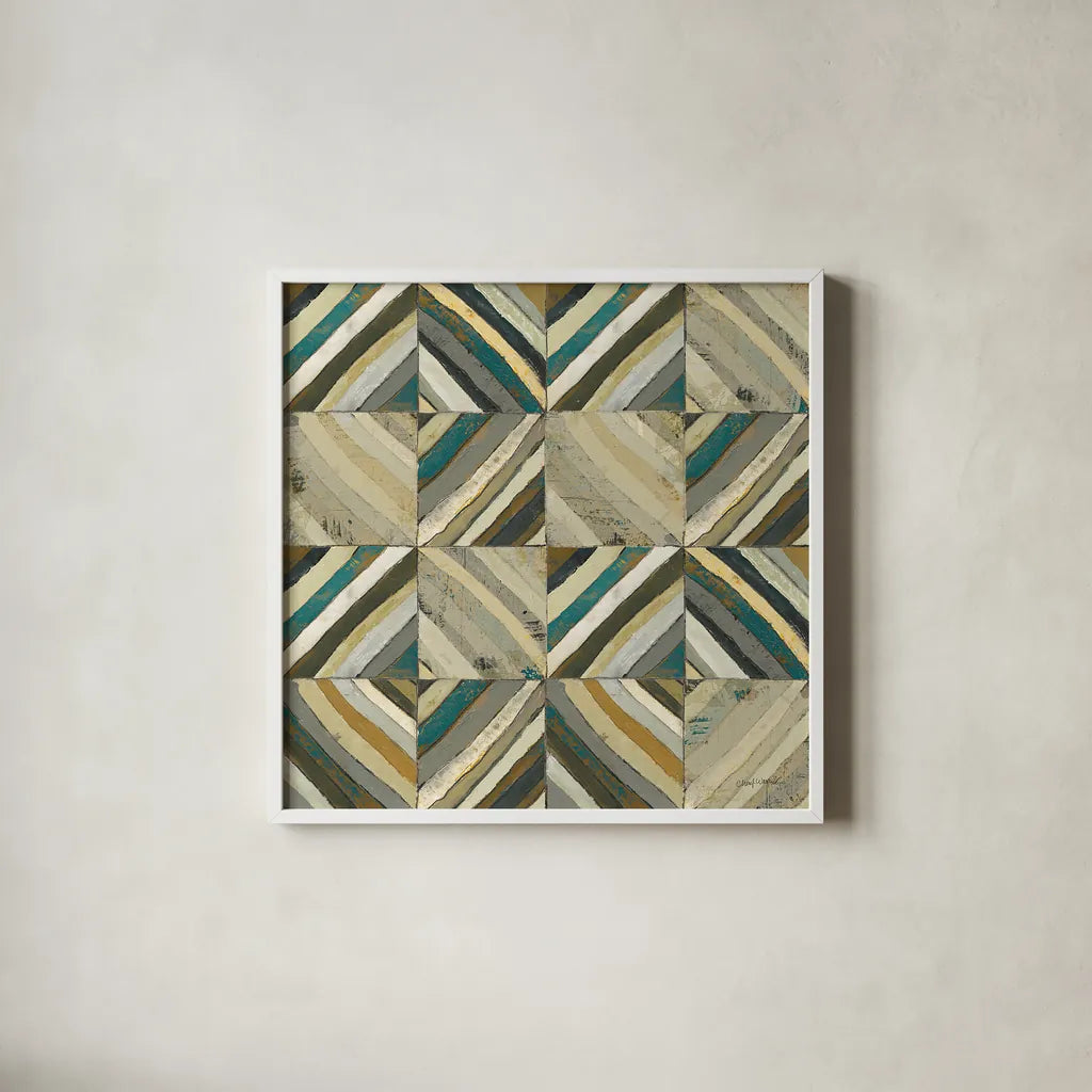 The Center I Abstract Turquoise by Cheryl Warrick. Shown in a crisp white glass frame for a clean and minimalist style. Available as an archival giclee rolled canvas, fine art paper, or poster print. SKU 13854a.