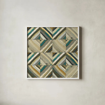 The Center I Abstract Turquoise by Cheryl Warrick. Shown in a crisp white glass frame for a clean and minimalist style. Available as an archival giclee rolled canvas, fine art paper, or poster print. SKU 13854a.