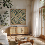 The Center I Abstract Turquoise by Cheryl Warrick. Shown in a natural wood frame in a cozy modern living room. Available as an archival giclee rolled canvas, fine art paper, or poster print. SKU 13854a.