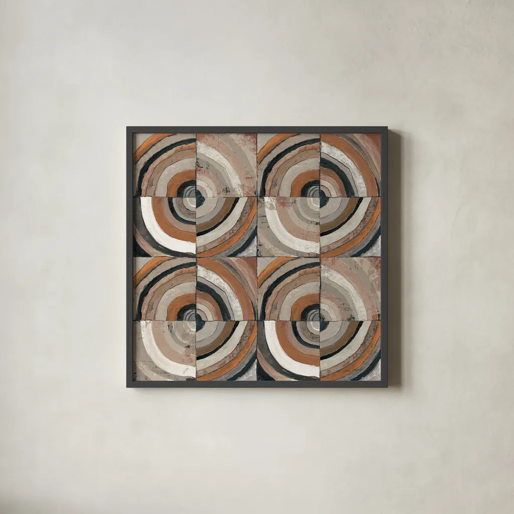 The Center I Abstract Warm by Cheryl Warrick. Shown in a sleek black glass frame for a contemporary gallery look. Available as an archival giclee rolled canvas, fine art paper, or poster print. SKU 55285a.