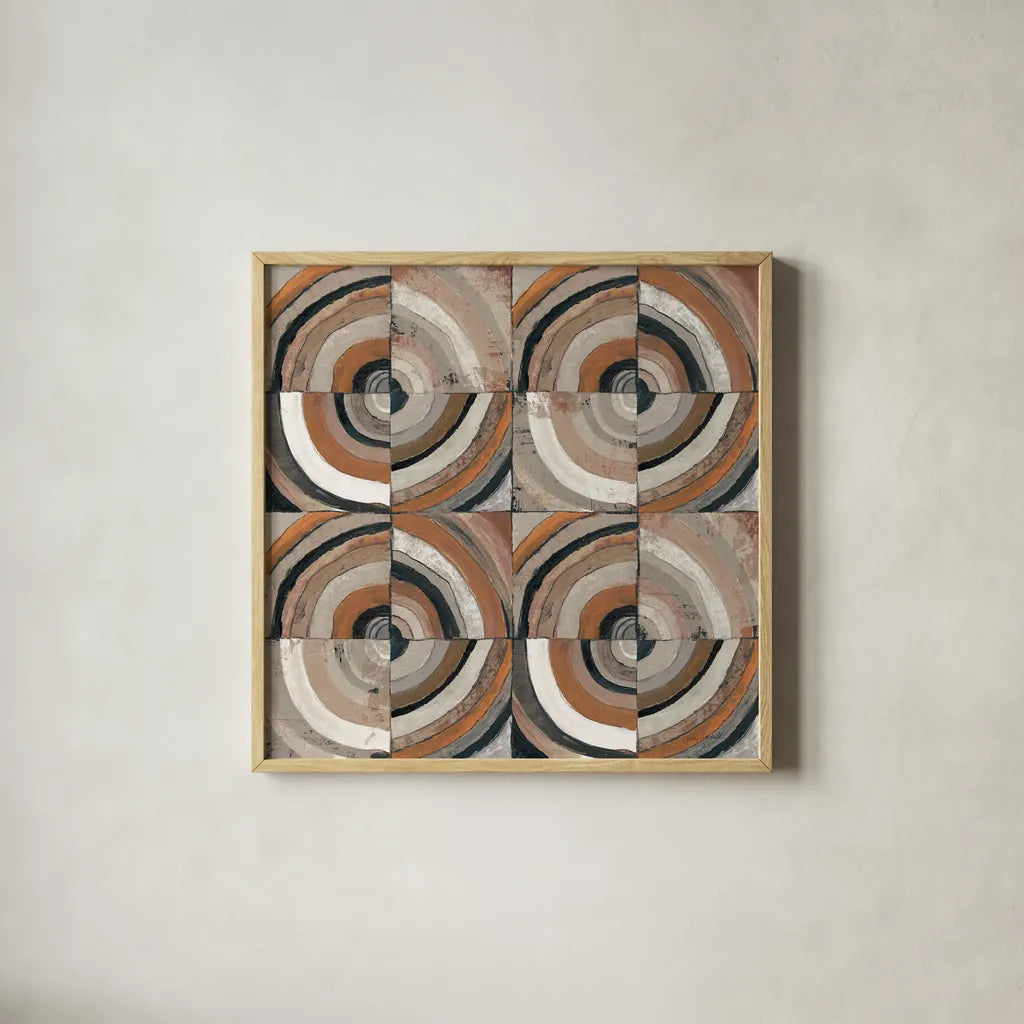 The Center I Abstract Warm by Cheryl Warrick. Shown in a natural wood glass frame for a timeless modern aesthetic. Available as an archival giclee rolled canvas, fine art paper, or poster print. SKU 55285a.