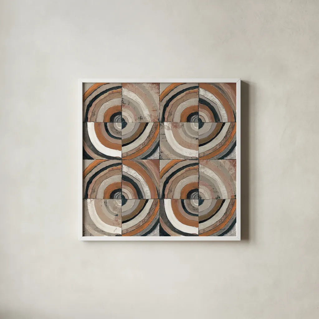 The Center I Abstract Warm by Cheryl Warrick. Shown in a crisp white glass frame for a clean and minimalist style. Available as an archival giclee rolled canvas, fine art paper, or poster print. SKU 55285a.