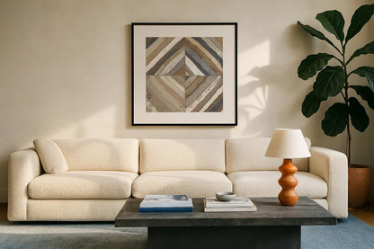 The Center II Abstract Crop Dark by Cheryl Warrick. Displayed in a glass frame with matte in a clean modern living room. Available as an archival giclee rolled canvas, fine art paper, or poster print. SKU 79822a.