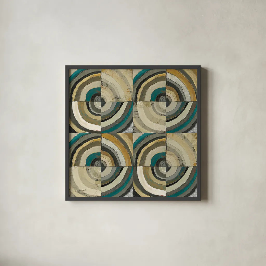 The Center II Abstract Turquoise by Cheryl Warrick. Shown in a sleek black glass frame for a contemporary gallery look. Available as an archival giclee rolled canvas, fine art paper, or poster print. SKU 13855a.