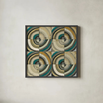 The Center II Abstract Turquoise by Cheryl Warrick. Shown in a sleek black glass frame for a contemporary gallery look. Available as an archival giclee rolled canvas, fine art paper, or poster print. SKU 13855a.
