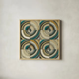 The Center II Abstract Turquoise by Cheryl Warrick. Shown in a natural wood glass frame for a timeless modern aesthetic. Available as an archival giclee rolled canvas, fine art paper, or poster print. SKU 13855a.