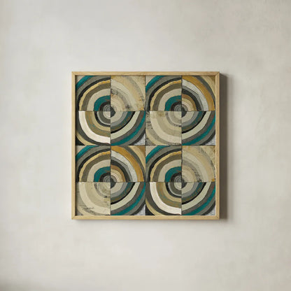 The Center II Abstract Turquoise by Cheryl Warrick. Shown in a natural wood glass frame for a timeless modern aesthetic. Available as an archival giclee rolled canvas, fine art paper, or poster print. SKU 13855a.