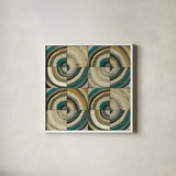 The Center II Abstract Turquoise by Cheryl Warrick. Shown in a crisp white glass frame for a clean and minimalist style. Available as an archival giclee rolled canvas, fine art paper, or poster print. SKU 13855a.