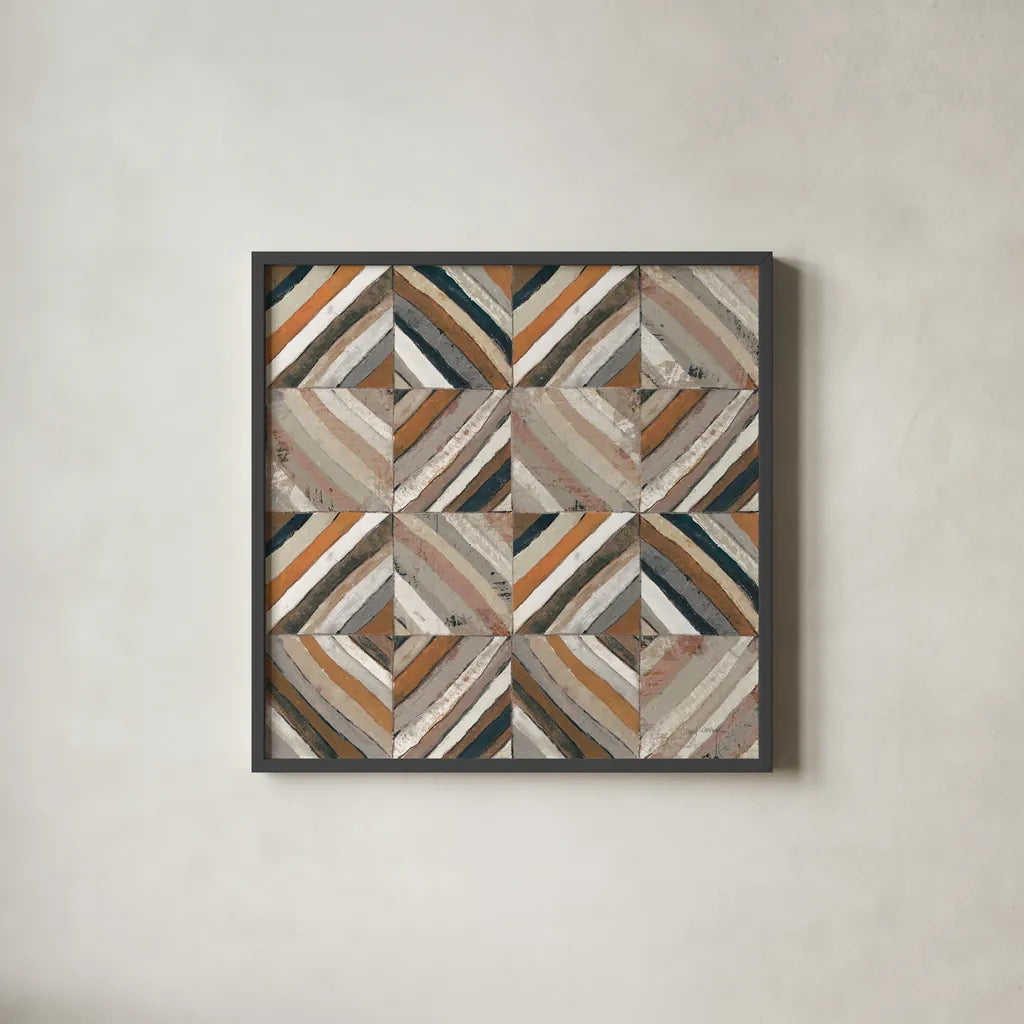 The Center II Abstract Warm by Cheryl Warrick. Shown in a sleek black glass frame for a contemporary gallery look. Available as an archival giclee rolled canvas, fine art paper, or poster print. SKU 55286a.