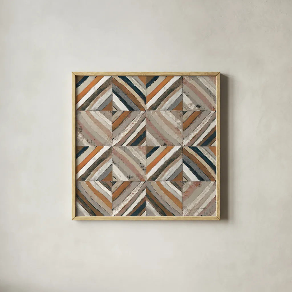 The Center II Abstract Warm by Cheryl Warrick. Shown in a natural wood glass frame for a timeless modern aesthetic. Available as an archival giclee rolled canvas, fine art paper, or poster print. SKU 55286a.
