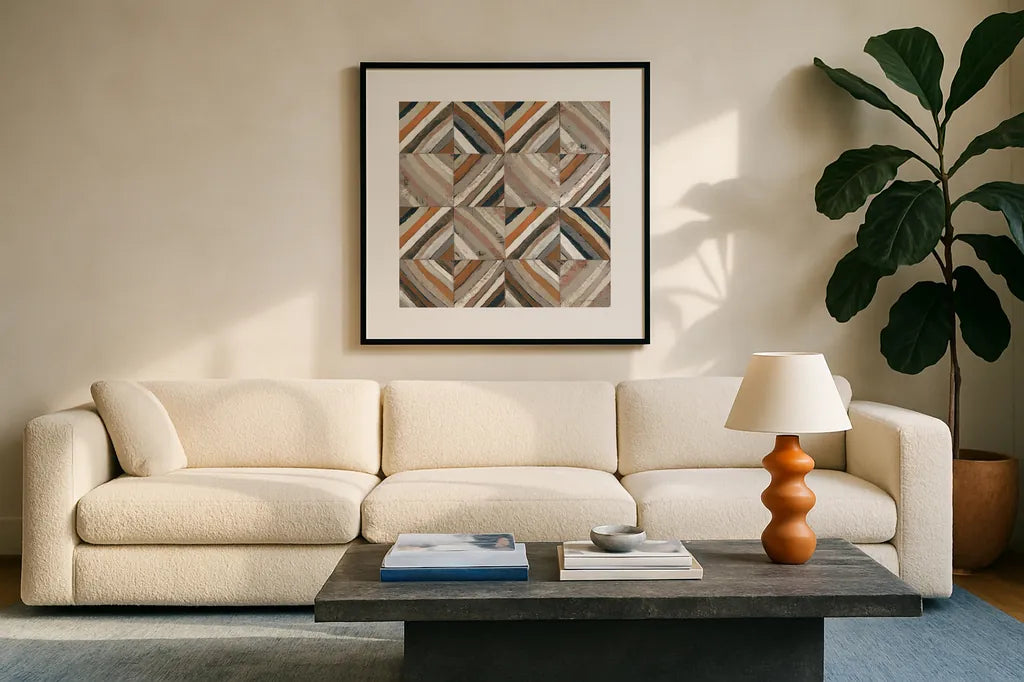 The Center II Abstract Warm by Cheryl Warrick. Displayed in a glass frame with matte in a clean modern living room. Available as an archival giclee rolled canvas, fine art paper, or poster print. SKU 55286a.