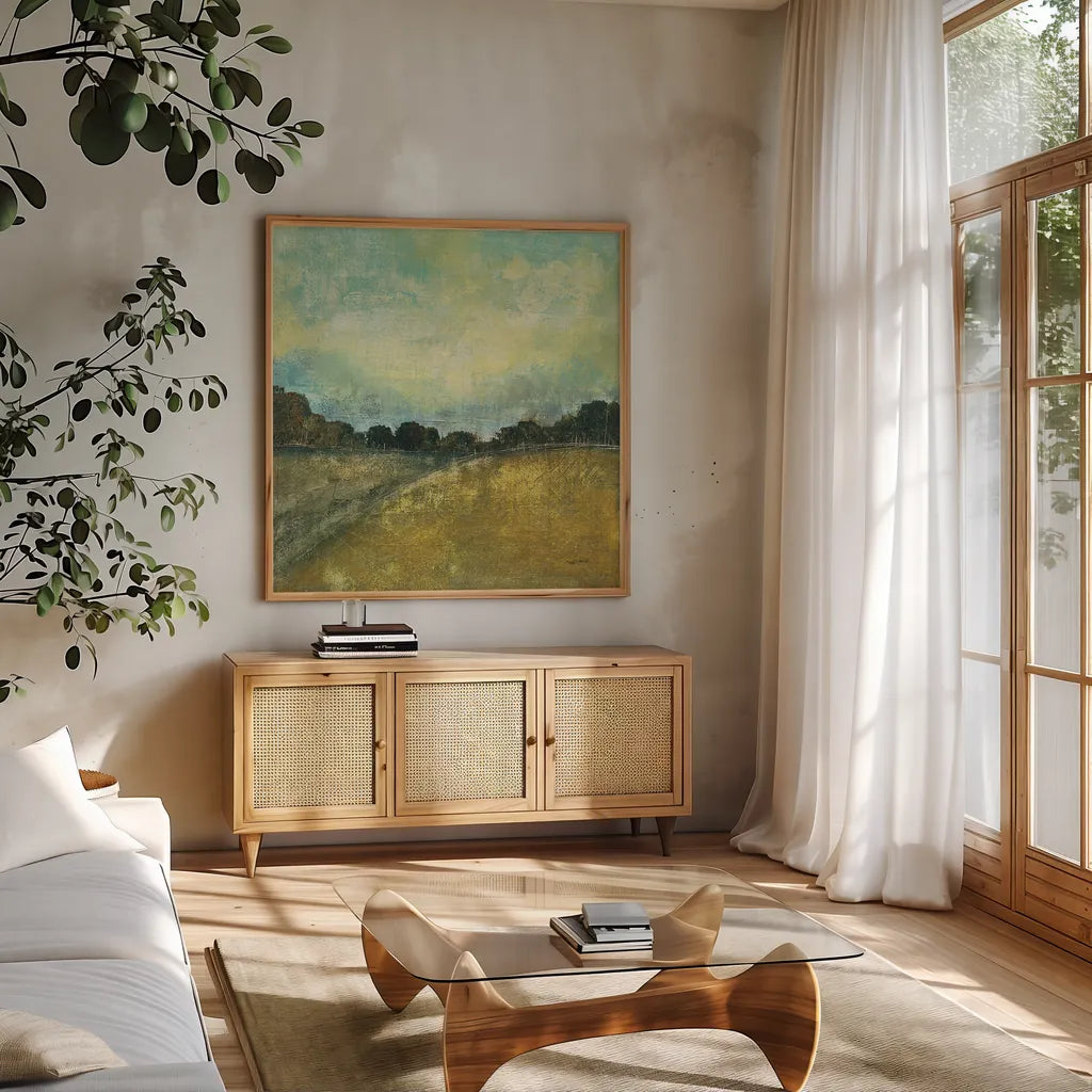 This Place II by Cheryl Warrick. Shown in a natural wood frame in a cozy modern living room. Available as an archival giclee rolled canvas, fine art paper, or poster print. SKU 15691a.