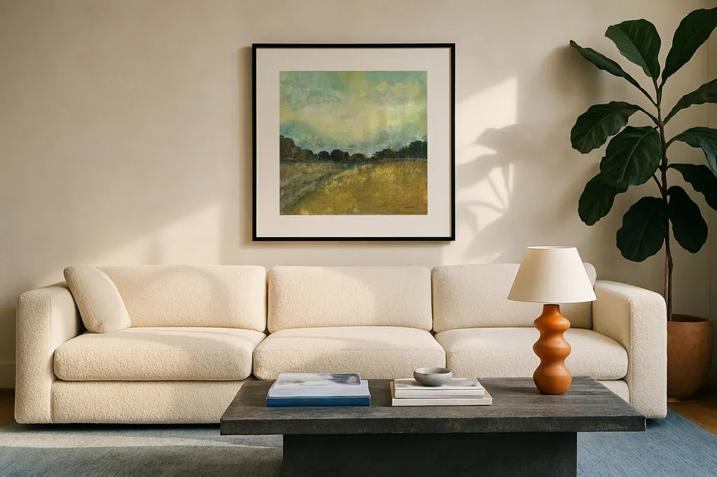 This Place II by Cheryl Warrick. Displayed in a glass frame with matte in a clean modern living room. Available as an archival giclee rolled canvas, fine art paper, or poster print. SKU 15691a.