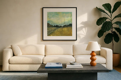 This Place II by Cheryl Warrick. Displayed in a glass frame with matte in a clean modern living room. Available as an archival giclee rolled canvas, fine art paper, or poster print. SKU 15691a.
