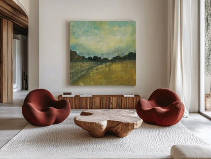 This Place II by Cheryl Warrick. Shown as extra-large giant wall art in a modern living room. Available as an archival giclee rolled canvas, fine art paper, or poster print. SKU 15691a.