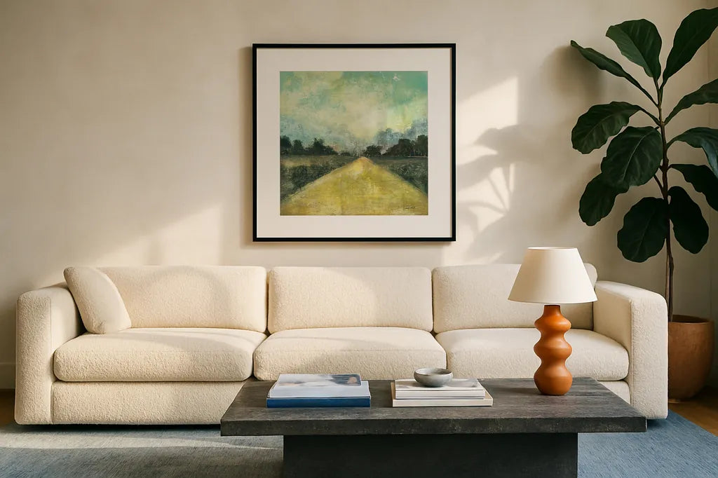 This Place III by Cheryl Warrick. Displayed in a glass frame with matte in a clean modern living room. Available as an archival giclee rolled canvas, fine art paper, or poster print. SKU 13360a.