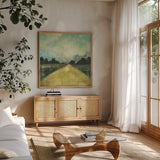 This Place III by Cheryl Warrick. Shown in a natural wood frame in a cozy modern living room. Available as an archival giclee rolled canvas, fine art paper, or poster print. SKU 15692a.