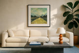 This Place III by Cheryl Warrick. Displayed in a glass frame with matte in a clean modern living room. Available as an archival giclee rolled canvas, fine art paper, or poster print. SKU 15692a.