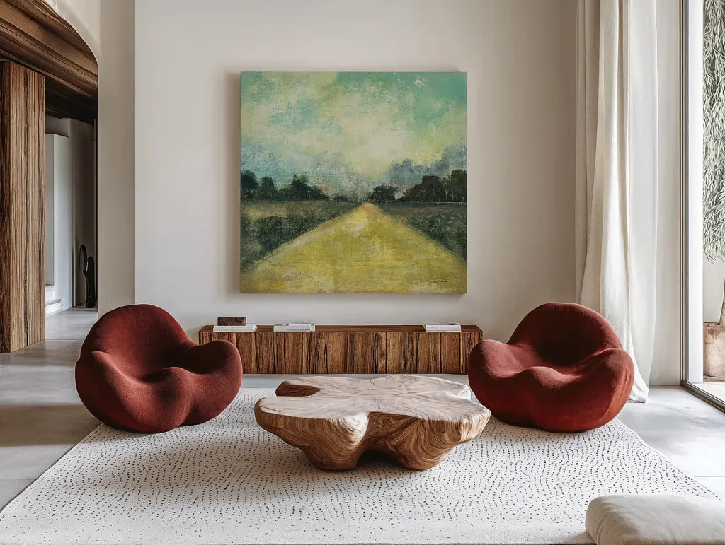 This Place III by Cheryl Warrick. Shown as extra-large giant wall art in a modern living room. Available as an archival giclee rolled canvas, fine art paper, or poster print. SKU 15692a.