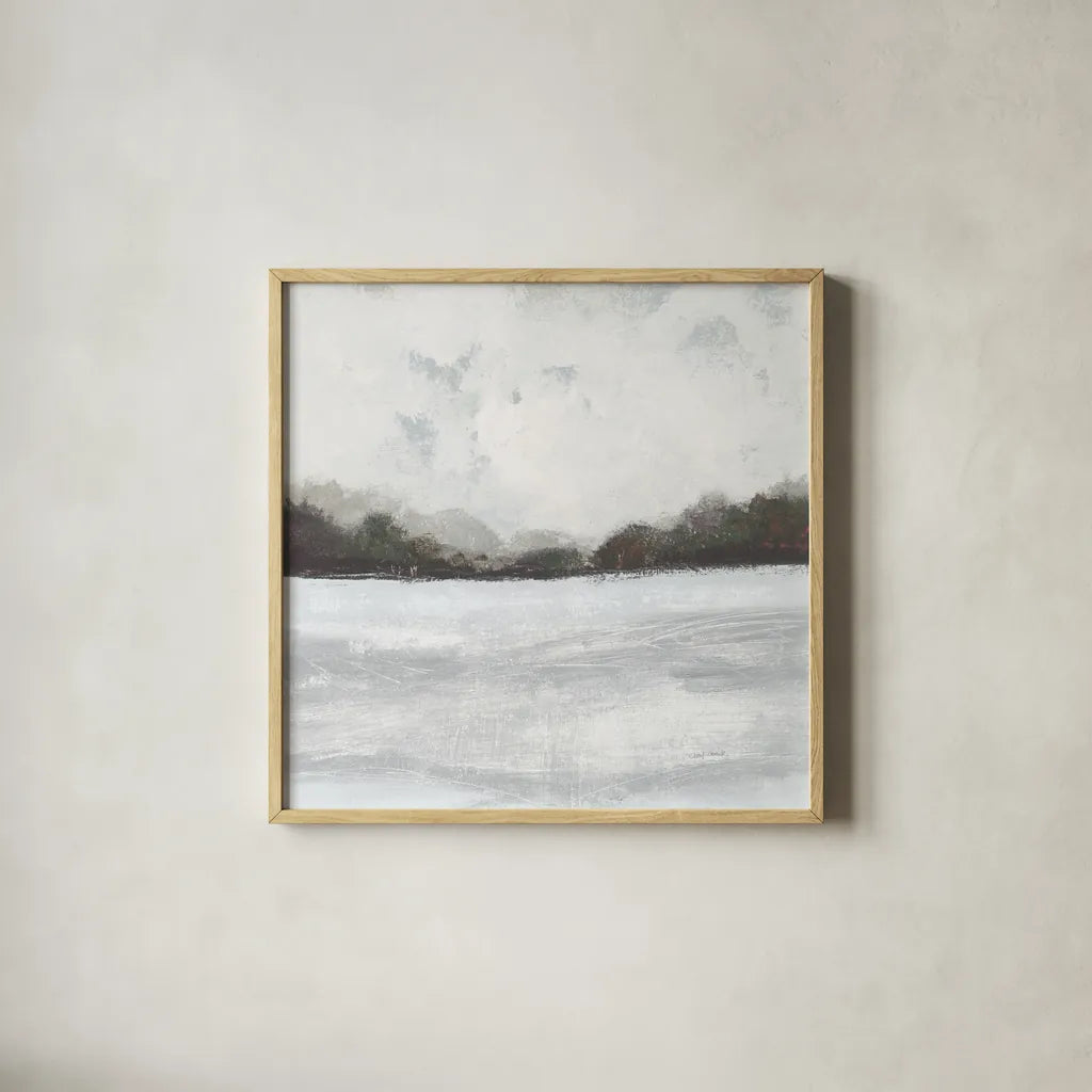 This Place IV Neutral by Cheryl Warrick. Shown in a natural wood glass frame for a timeless modern aesthetic. Available as an archival giclee rolled canvas, fine art paper, or poster print. SKU 60612a.