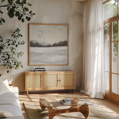 This Place IV Neutral by Cheryl Warrick. Shown in a natural wood frame in a cozy modern living room. Available as an archival giclee rolled canvas, fine art paper, or poster print. SKU 60612a.