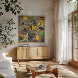 Time Lapse II by Cheryl Warrick. Shown in a natural wood frame in a cozy modern living room. Available as an archival giclee rolled canvas, fine art paper, or poster print. SKU 103552a.