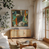 Time Lapse VI by Cheryl Warrick. Shown in a natural wood frame in a cozy modern living room. Available as an archival giclee rolled canvas, fine art paper, or poster print. SKU 103556a.